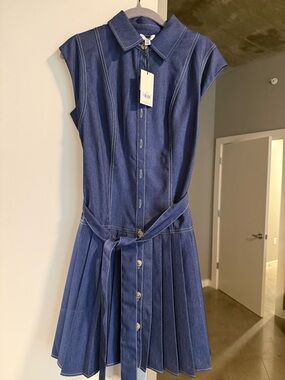 Current Air Dark Blue Denim Pleated Shirt Dress with Tie Belt